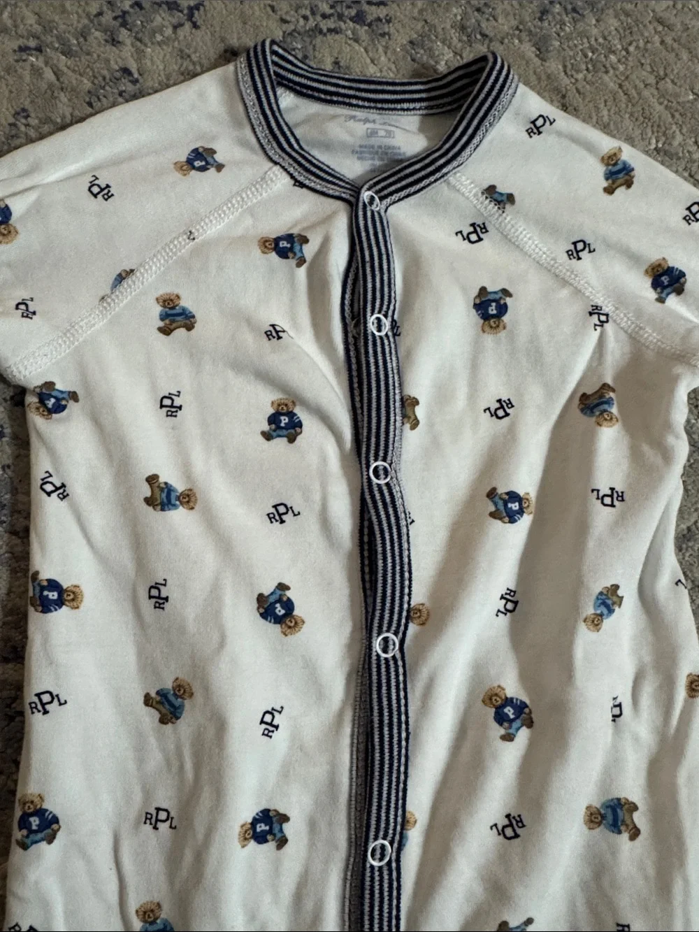 Ralph Lauren Cream Footed One-Piece with Navy Trim and Bear Motif 6 months